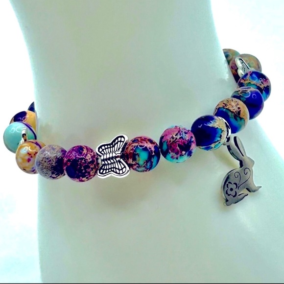 Handmade Bunny Charm Bracelet with Sea Sediment Stones! - Picture 2 of 7